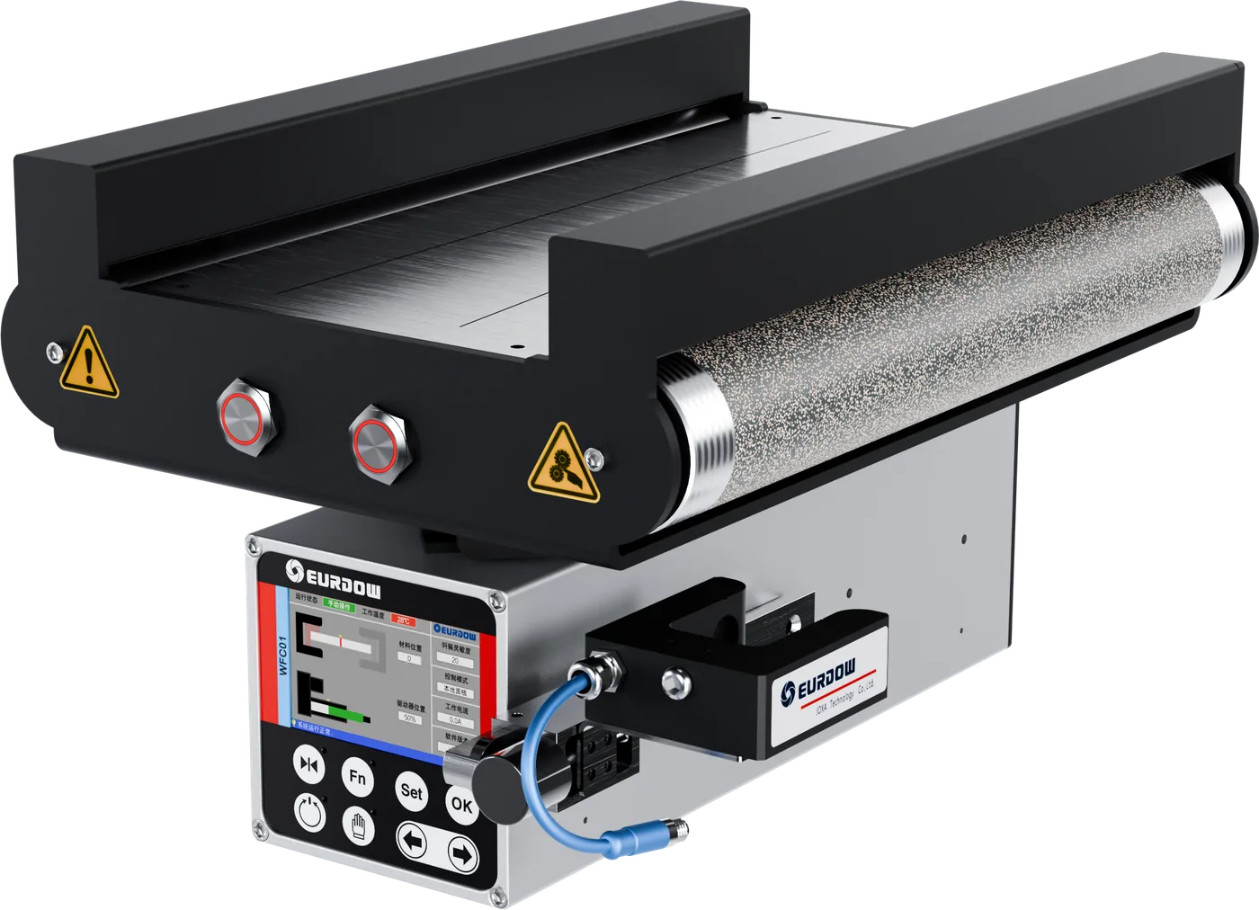 EURDOW all-in-one web guide frame with WFC01 controller, ultrasonic edge sensor and pneumatic splice table